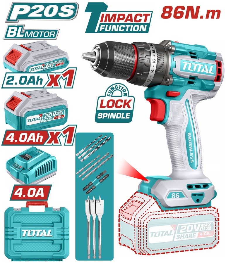TOTAL ΕΠΑΓΓ. ΔΡΑΠ/ΒΙΔΟ ΚΡΟΥΣΤΙΚΟ ΜΠΑΤ. Li-ion 20V / 2Ah+4Ah / 86Nm / 2 ΜΠΑΤ BL Motor (TIDLI20868E)