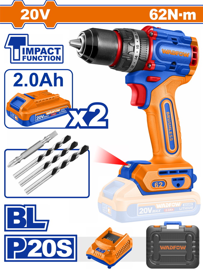 Χρησιμοπωλείο - WADFOW ΔΡΑΠ/ΒΙΔΟ ΚΡΟΥΣΤΙΚΟ ΜΠΑΤ. Li-ion 20V / 62Nm / 2Ah / 2 ΜΠΑΤ BL Motor (WCDP6281E)
