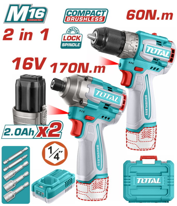 TOTAL ΣΕΤ ΕΠΑΓΓ. ΔΡΑΠ/ΒΙΔΟ 60Nm + ΠΑΛΜΙΚΟ ΚΑΤΣΑΒΙΔΙ 170Nm ΜΠΑΤ. Li-ion 16V/2Ah/2 ΜΠΑΤ (TOSLI240968)