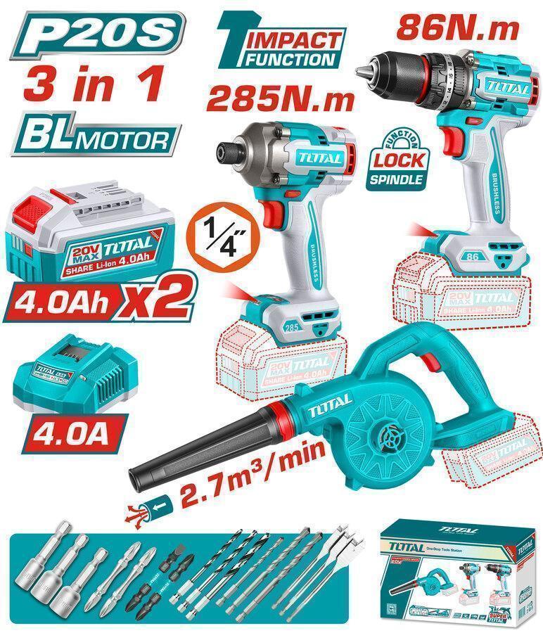 TOTAL ΕΠΑΓΓ. ΣΕΤ ΔΡΑΠ/ΒΙΔΟ ΚΡΟΥΣΤ. + ΠΑΛΜΙΚΟ ΚΑΤΣΑΒΙΔΙ + ΦΥΣΗΤΗΡΑΣ ΜΠΑΤ. Li-ion 20V (TOSLI250883E)