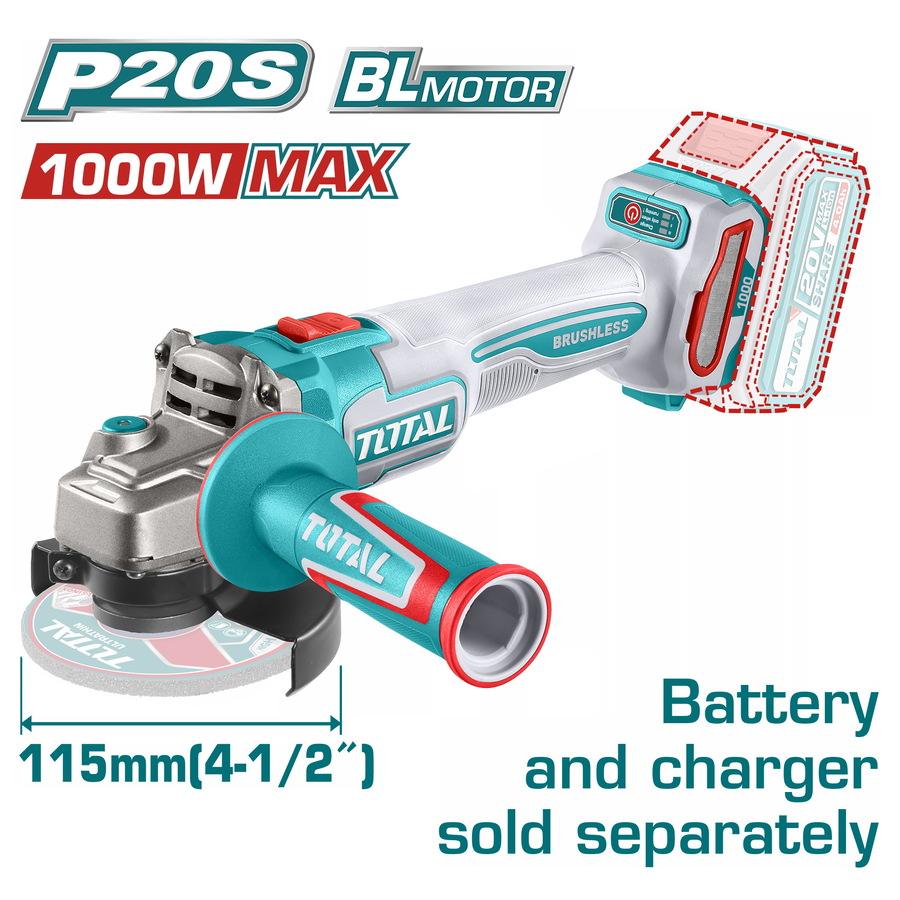 TOTAL ΕΠΑΓΓ. ΓΩΝΙΑΚΟΣ ΤΡΟΧΟΣ ΜΠΑΤ. Li-ion 20V / 115mm ΧΩΡΙΣ ΜΠΑΤΑΡΙΑ & ΦΟΡΤΙΣΤΗ BL Motor (TAGLI27153E)