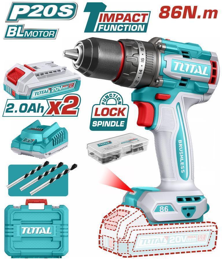 TOTAL ΕΠΑΓΓ. ΔΡΑΠ/ΒΙΔΟ ΚΡΟΥΣΤΙΚΟ ΜΠΑΤ. Li-ion 20V / 2Ah / 86Nm / 2 ΜΠΑΤ BL Motor (TIDLI208687E)