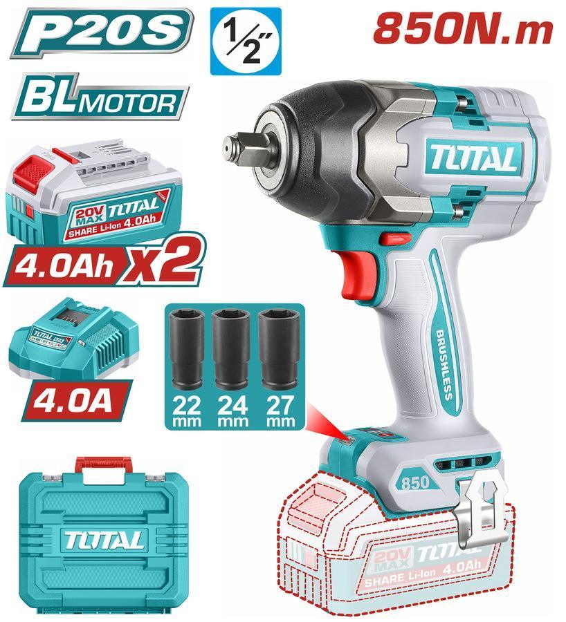 TOTAL ΕΠΑΓΓ. ΜΠΟΥΛΟΝΟΚΛΕΙΔΟ ΜΠΑΤ. Li-ion 20V / 4Ah / 850Nm / 2 ΜΠΑΤΑΡΙΕΣ (TIWLI2085E)