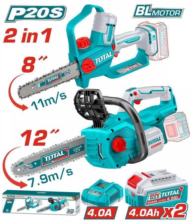 TOTAL ΕΠΑΓΓ. ΣΕΤ ΑΛΥΣΟΠΡΙΟΝΑ 8" + 12" ΜΠΑΤ. Li-ion 20V / 4Ah / 2 ΜΠΑΤ BL Motor (TOSLI251085E)